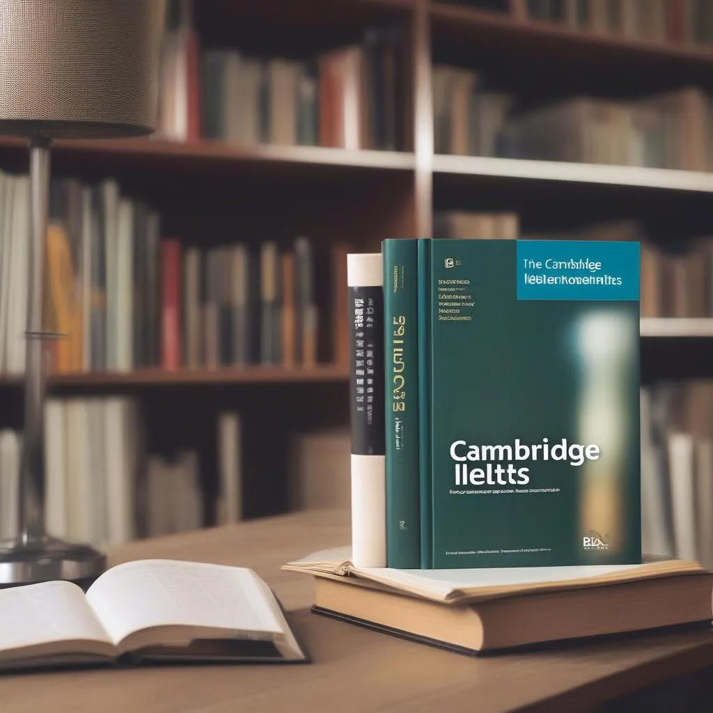 Cuốn sách Cambridge IELTS 8 trên kệ sách