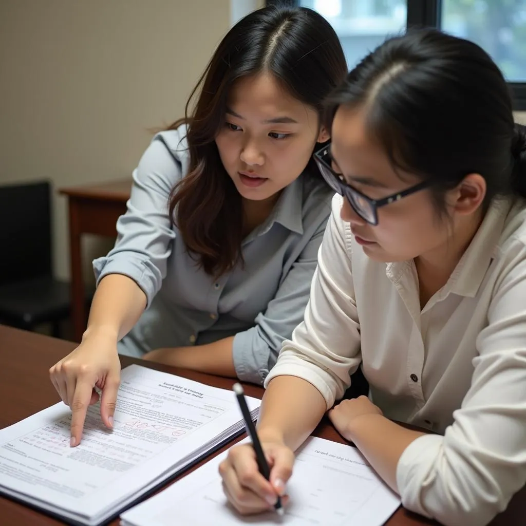 Hình ảnh giáo viên đang hướng dẫn học viên luyện thi IELTS