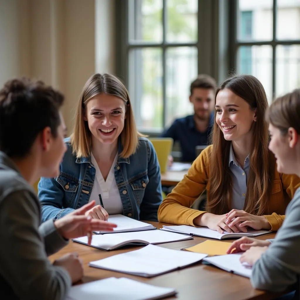 Students practicing English conversation