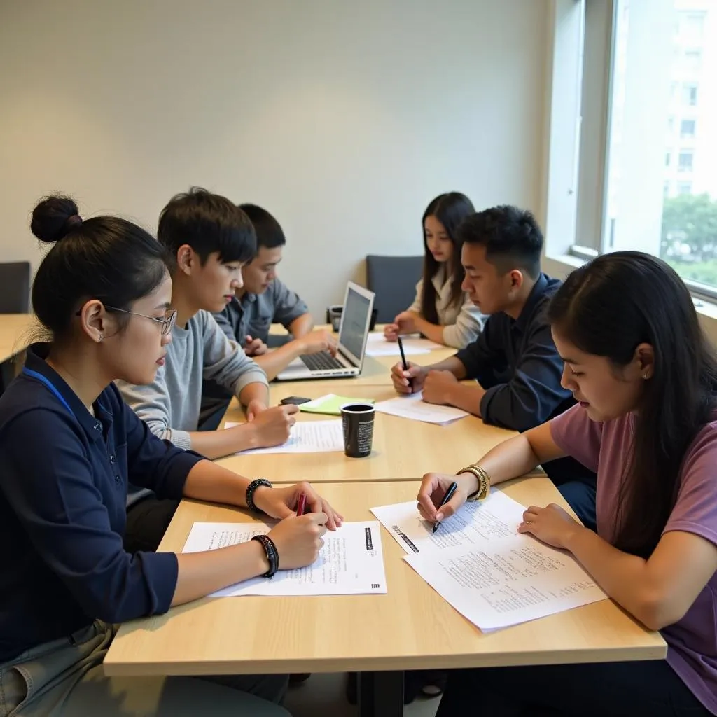 Học viên đang làm bài tập Matching Headings Exercise tại lớp luyện thi IELTS Hà Nội