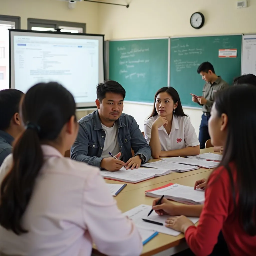 Học viên đang trao đổi với giảng viên tại trung tâm luyện thi IELTS TPHCM