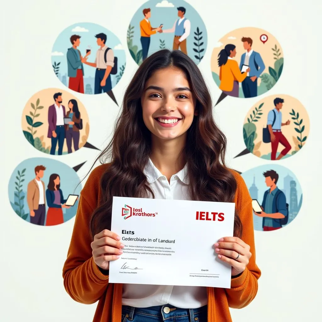 A young person confidently holding an IELTS certificate.