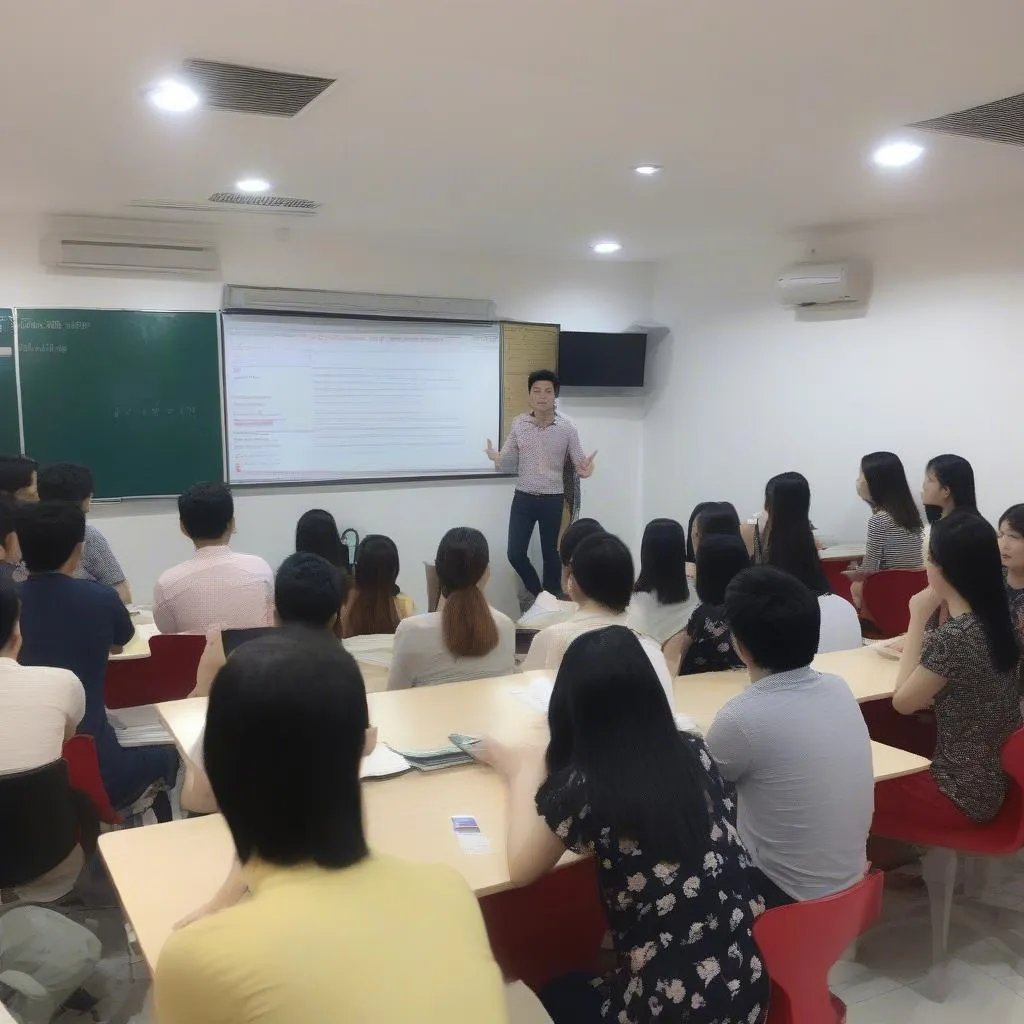 Lớp học luyện thi IELTS sôi nổi với giáo viên giàu kinh nghiệm tại trung tâm Anh ngữ ở Mỹ Đình, Hà Nội.