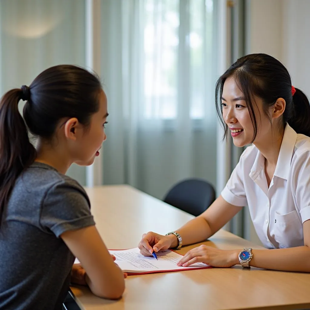 Giáo viên đang hướng dẫn tận tình cho học viên tại trung tâm Luyện Thi IELTS Hà Nội