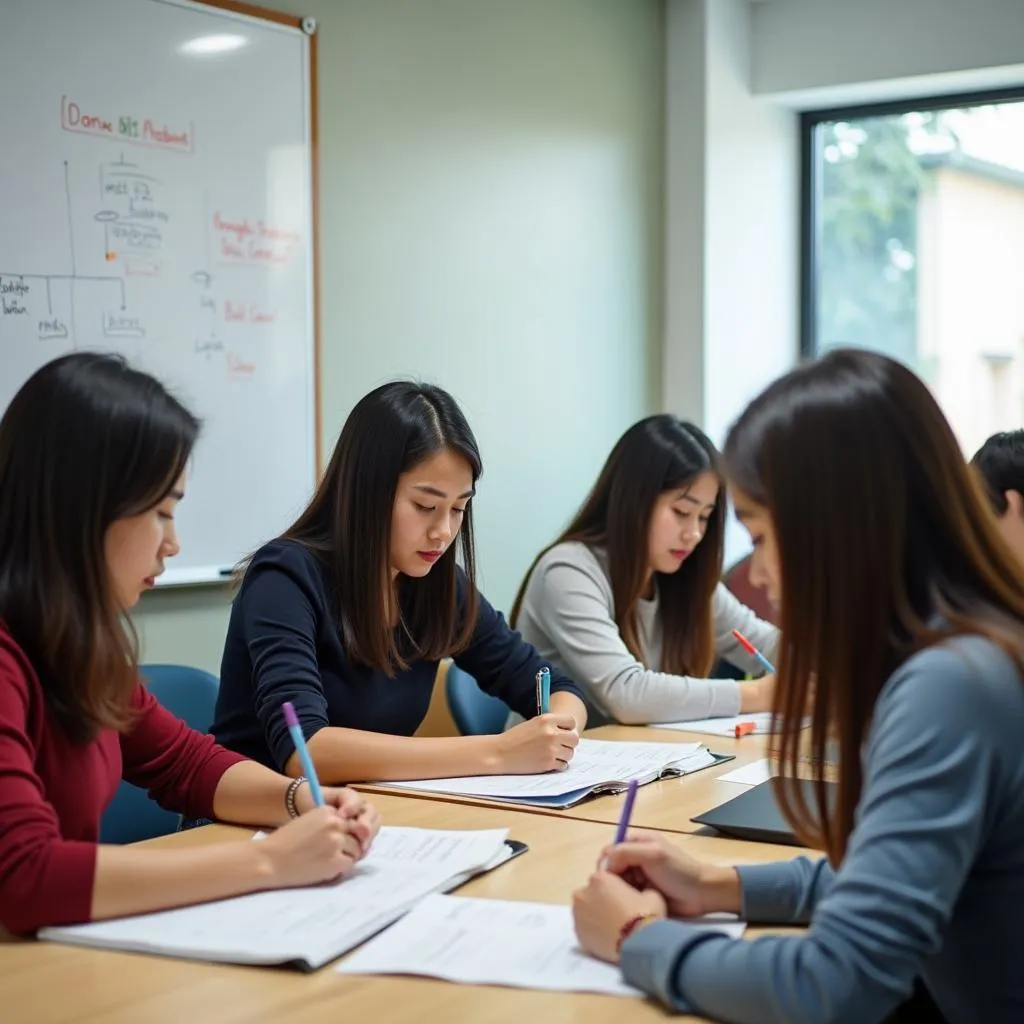 Học sinh đang chăm chú luyện thi toán tiếng Anh tại trung tâm Luyện Thi IELTS Hà Nội