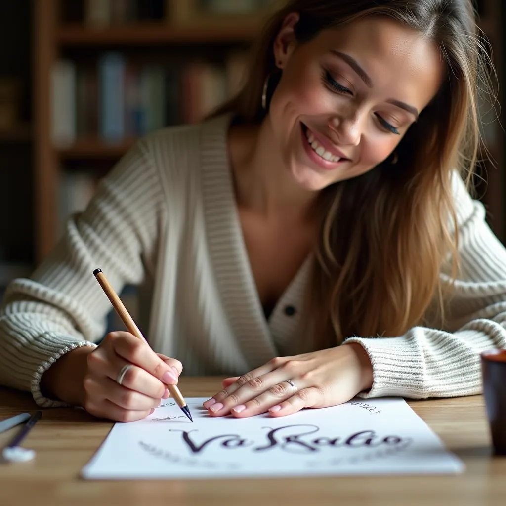 Phụ nữ viết calligraphy