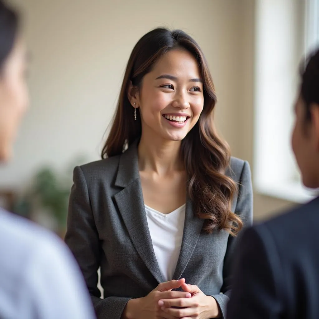 Confident female student answering in English