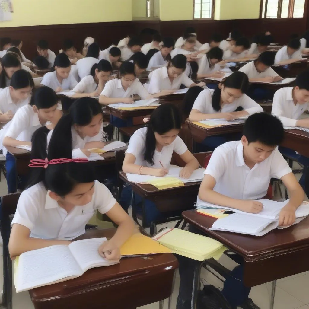 Hình ảnh học sinh đang ôn thi tiếng Anh lớp 6