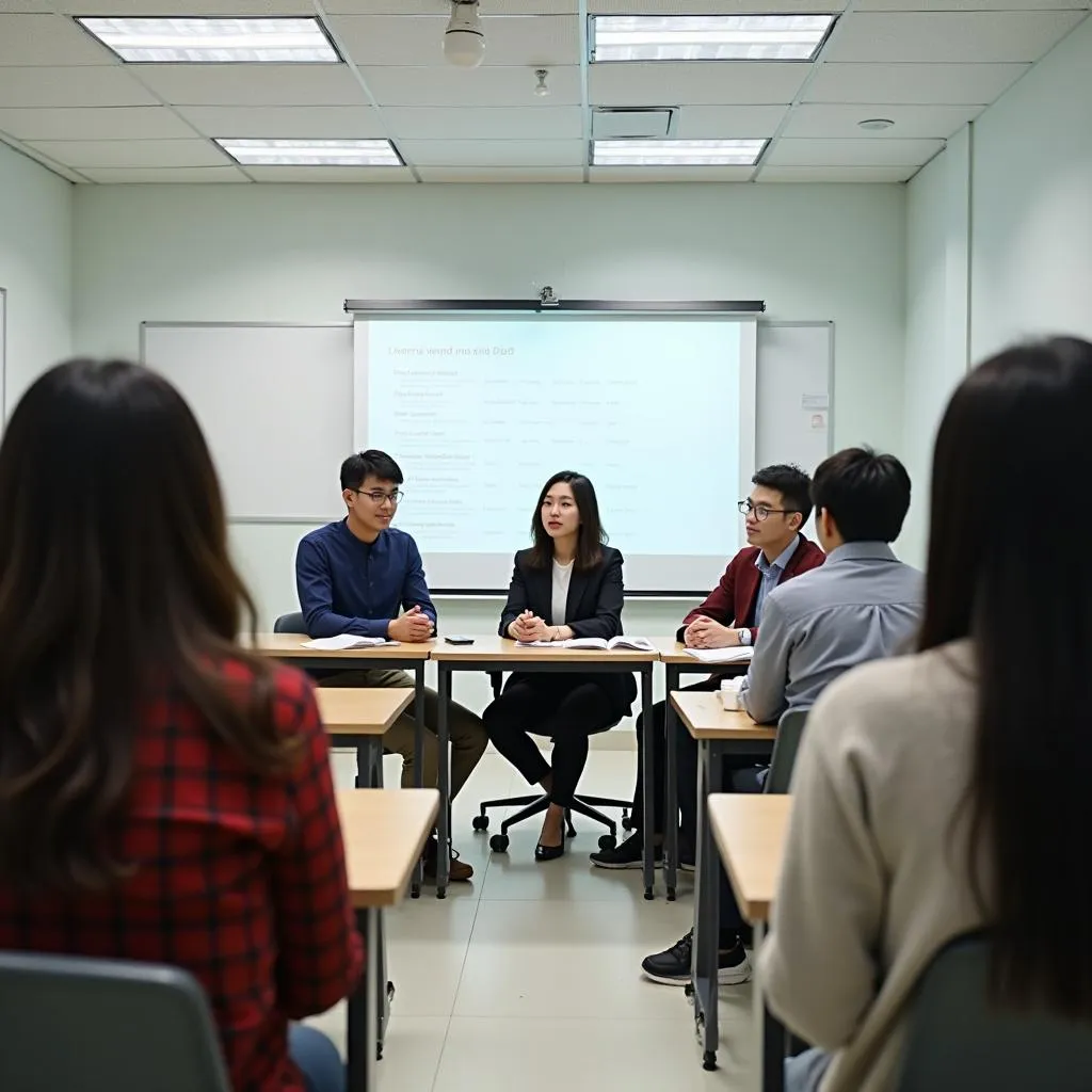 Học viên đang trao đổi với giáo viên tại trung tâm luyện thi IELTS TPHCM