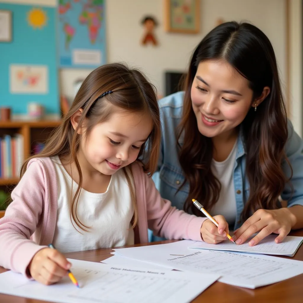 Bé gái đang làm bài tập tiếng Anh lớp 4 có sự giúp đỡ của mẹ