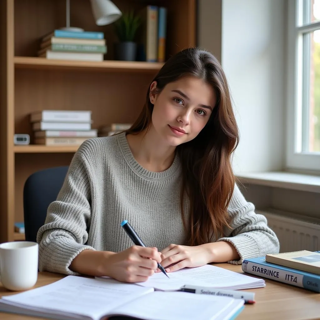 Cô gái đang ngồi học bài tại nhà