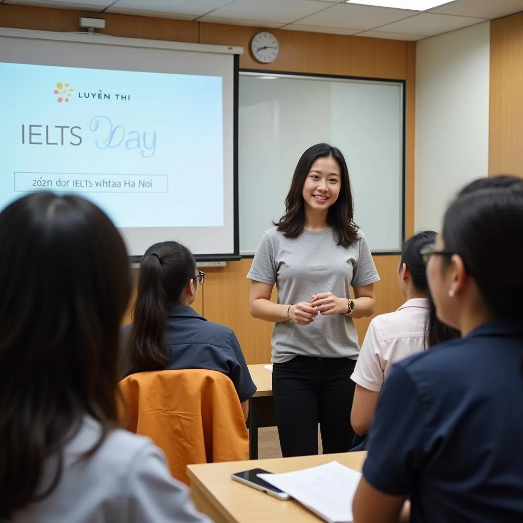 Giảng viên đang hướng dẫn học viên tại trung tâm luyện thi IELTS Hà Nội