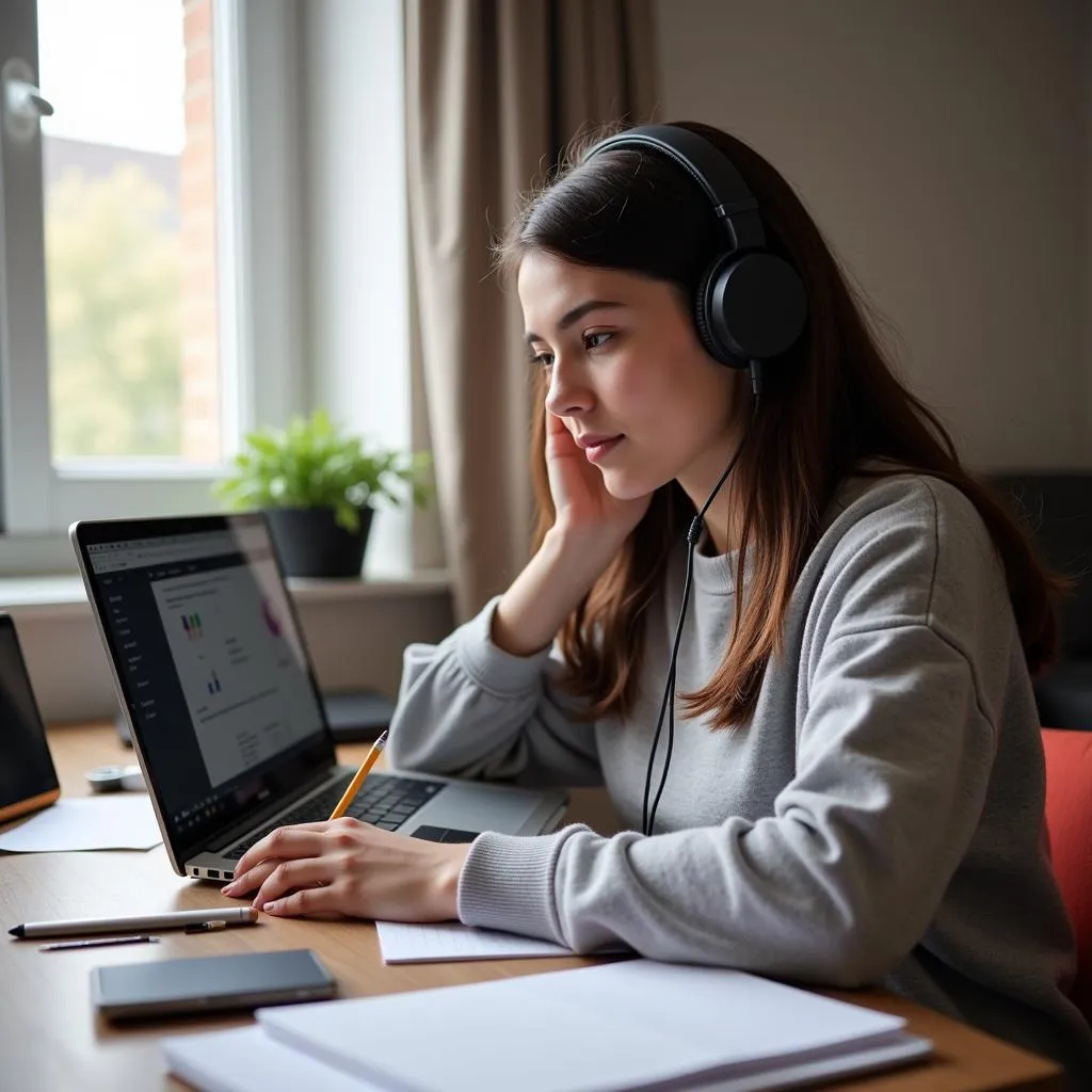 Cô gái đang luyện thi IELTS Listening tại nhà