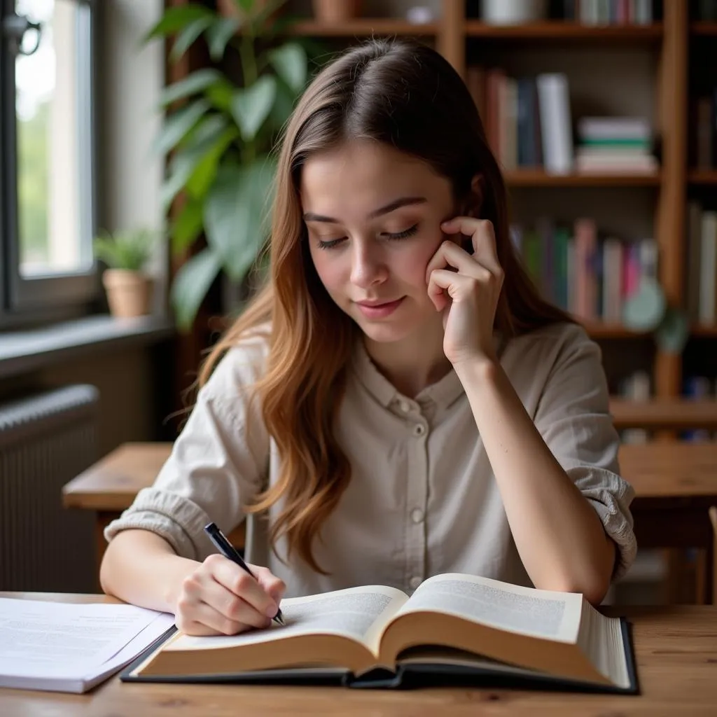 Sinh viên đang chăm chú đọc sách để luyện kỹ năng đọc hiểu tiếng Anh