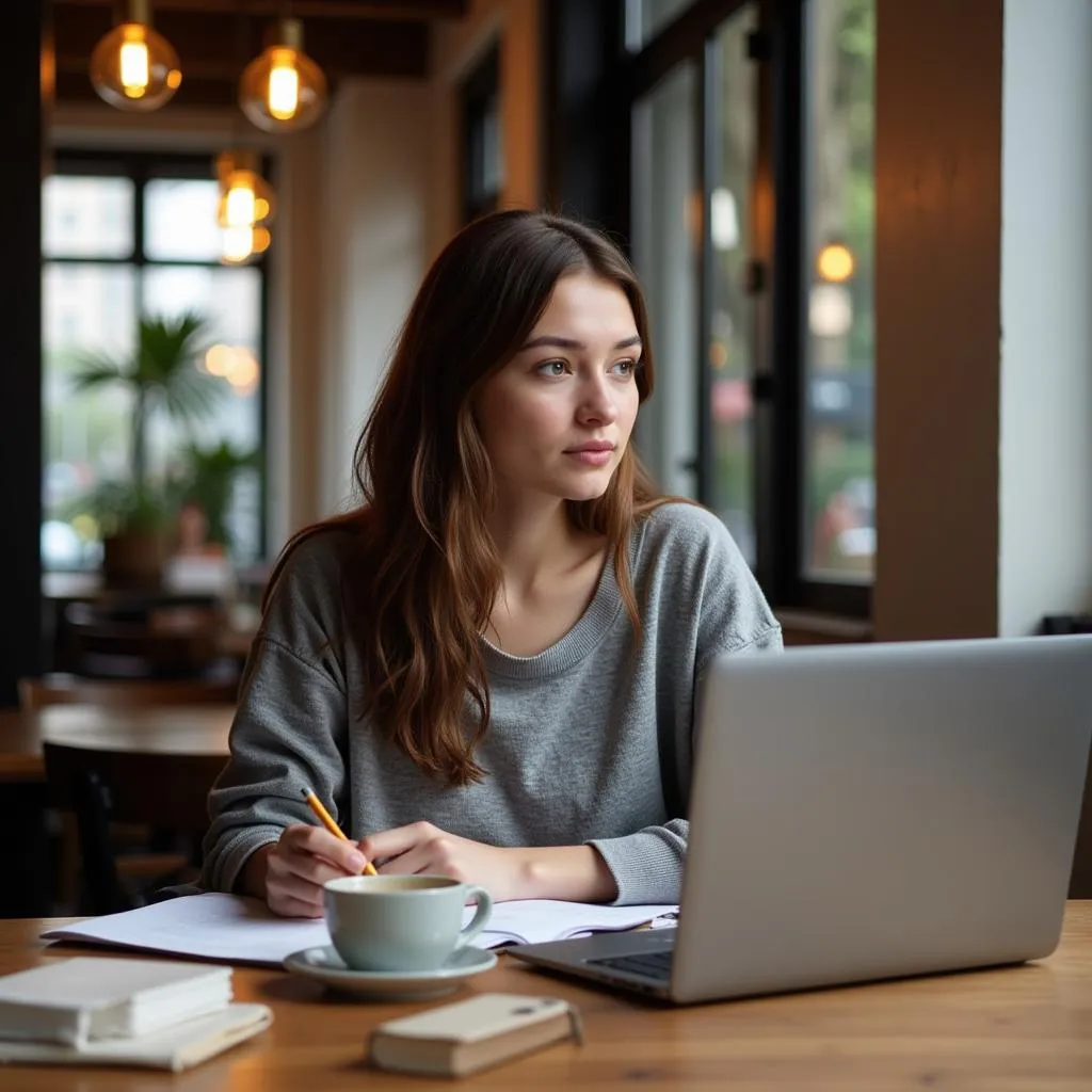 Nữ sinh đang học bài tại quán cafe